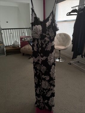 Astr Black Floral Lace-Trim Jumpsuit